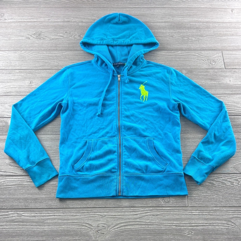 Ralph Lauren Big Pony Full Zip Hoodie Turquoise Blue Lime Green Medium